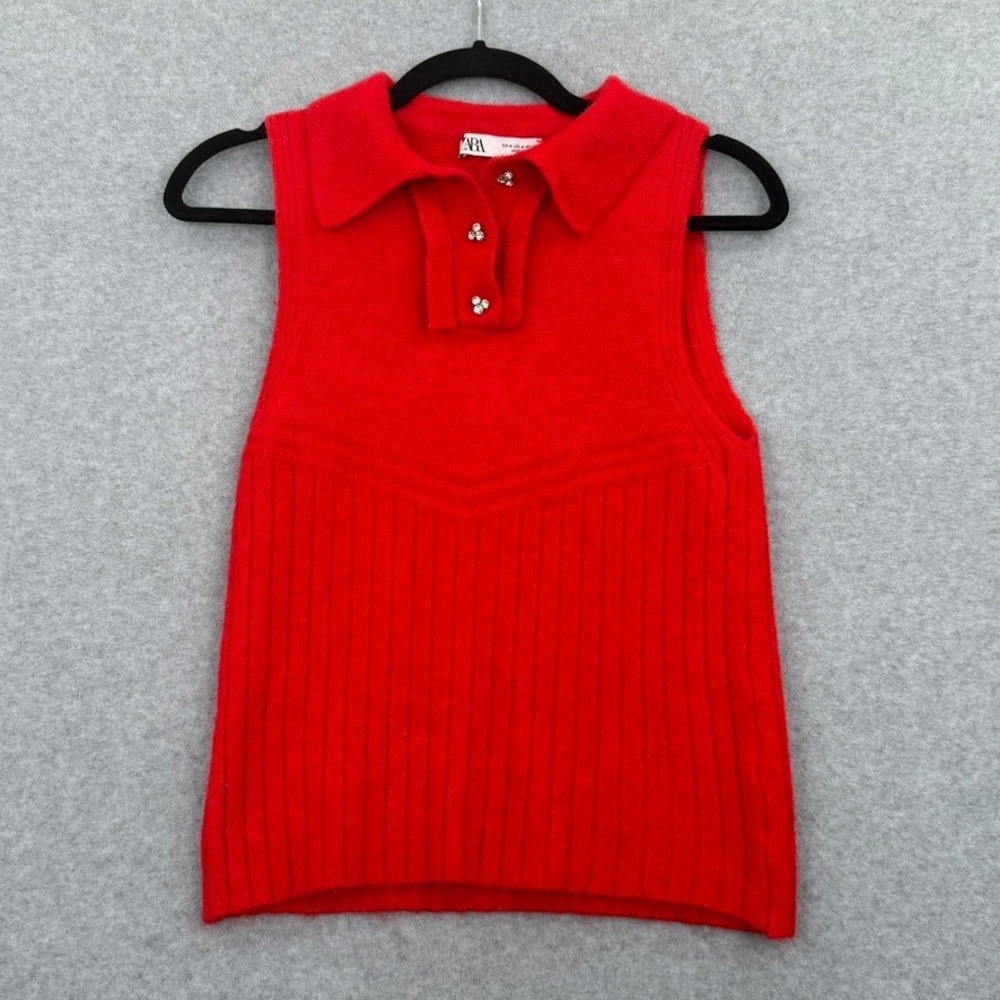 ZARA Knit Polo Women Medium Red Preppy Rhinestone Button Sleeveless Sweater Top